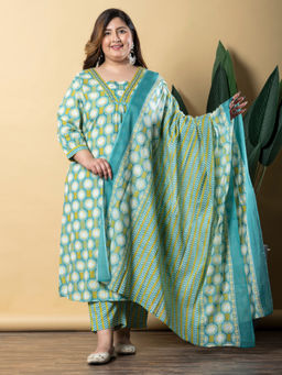 Readiprint - Straight Style Cotton Sea Green Kurta with Palazzo & Dupatta (Set of 3)