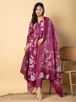 Readiprint - Straight Style Cotton Magenta Kurta with Pant & Dupatta (Set of 3)