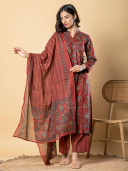 Readiprint - Angarkha Style Cotton Red Kurta with Palazzo & Dupatta (Set of 3)
