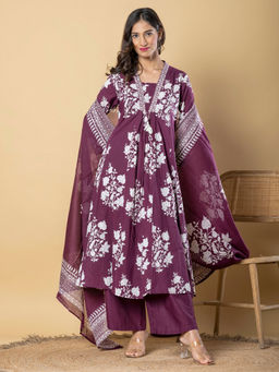 Readiprint - Anarkali Style Cotton Wine Kurta with Palazzo & Dupatta (Set of 3)