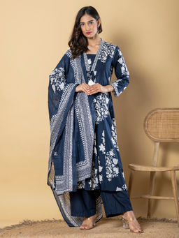 Readiprint - Anarkali Style Cotton Blue Kurta with Palazzo & Dupatta (Set of 3)