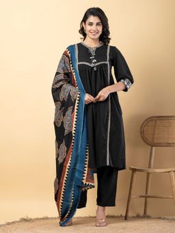 Readiprint - A Line Style Cotton Black Kurta with Pant & Dupatta (Set of 3)