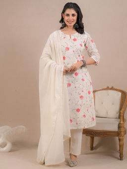 Readiprint - Straight Style Cotton Off White Kurta with Pant & Dupatta (Set of 3)