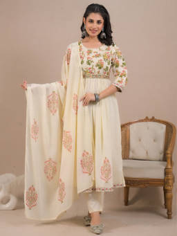 Readiprint - Anarkali Style Cotton Cream Kurta with Pant & Dupatta (Set of 3)