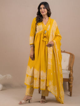 Readiprint - Anarkali Style Cotton Mustard Kurta with Pant & Dupatta (Set of 3)
