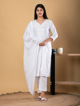 Readiprint - Straight Style Linen White Kurta with Pant & Dupatta (Set of 3)