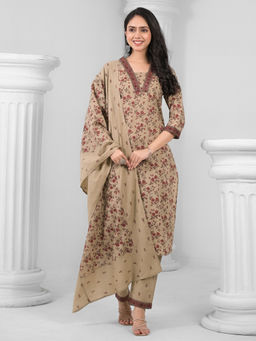 Readiprint - Straight Style Cotton Beige Kurta with Pant & Dupatta (Set of 3)