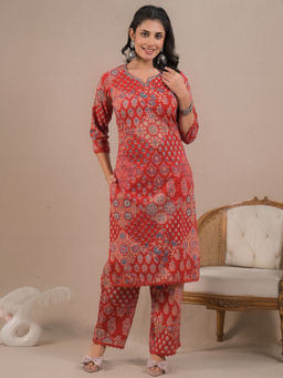 Readiprint - Straight Style Cotton Red Kurta with Palazzo (Set of 2)