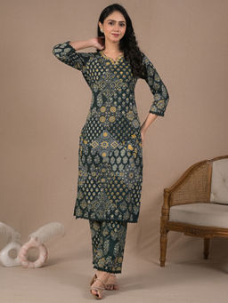 Readiprint - Straight Style Cotton Green Kurta with Palazzo (Set of 2)