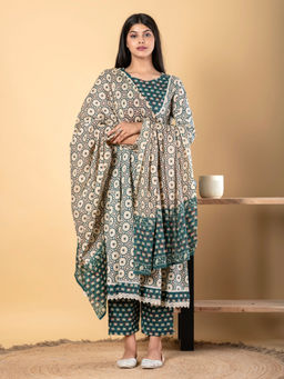 Readiprint - Anarkali Style Cotton Green Kurta with Pant & Dupatta (Set of 3)
