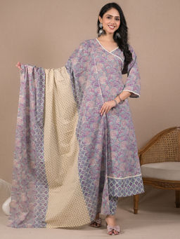 Readiprint - Anarkali Style Cotton Sea Green Kurta with Pant & Dupatta (Set of 3)