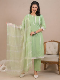 Readiprint - Straight Style Cotton Green Kurta with Pant & Dupatta (Set of 3)