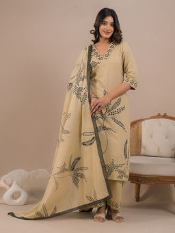 Readiprint - Straight Style Cotton Beige Kurta with Palazzo & Dupatta (Set of 3)