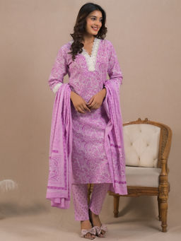 Readiprint - Straight Style Cotton Lavender Kurta with Pant & Dupatta (Set of 3)