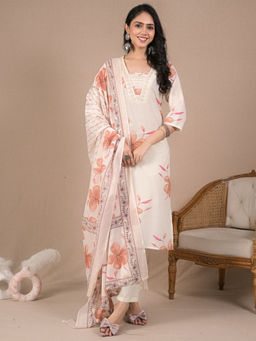 Readiprint - Straight Style Cotton Cream Kurta with Palazzo & Dupatta (Set of 3)