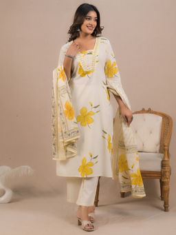 Readiprint - Straight Style Cotton Cream Kurta with Palazzo & Dupatta (Set of 3)