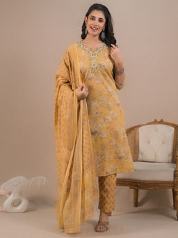Readiprint - Straight Style Cotton Mustard Kurta with Pant & Dupatta (Set of 3)