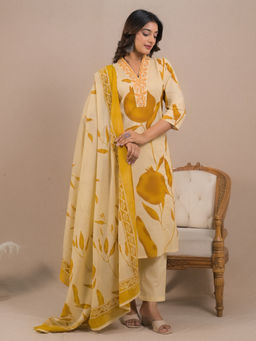 Readiprint - Straight Style Cotton Beige Kurta with Pant & Dupatta (Set of 3)