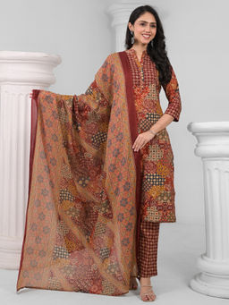 Readiprint - Straight Style Cotton Maroon Kurta with Pant & Dupatta (Set of 3)