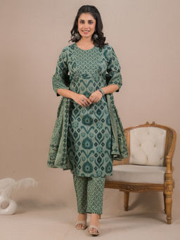 Readiprint - Straight Style Cotton Green Kurta with Pant & Dupatta (Set of 3)