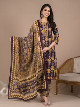 Readiprint - Straight Style Cotton Purple Kurta with Pant & Dupatta (Set of 3)