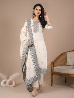 Readiprint - Straight Style Cotton White Kurta with Pant & Dupatta (Set of 3)