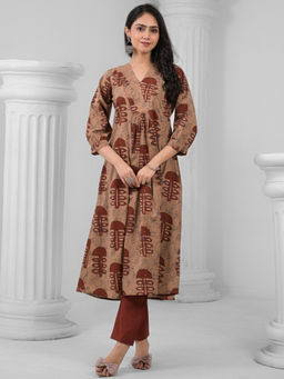 Readiprint - Anarkali Style Cotton Brown Kurta with Pant (Set of 2)