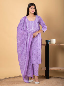 Readiprint - Straight Style Cotton Lavender Kurta with Palazzo & Dupatta (Set of 3)