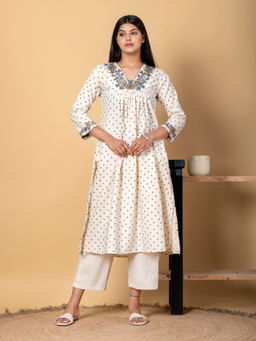 Readiprint - A Line Style Cotton Flex Off White Kurta with Palazzo (Set of 2)