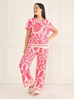 Sweet Dreams - Womens Floral Printed Front Open Pyjama With Shirt Pink