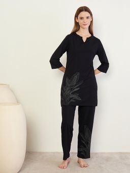 Sweet Dreams - Womens Graphic Printed Kurti Pyjama With Top Black