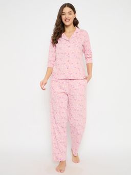 Clovia - Floral Print Button-Down Shirt and Pyjama Baby Pink