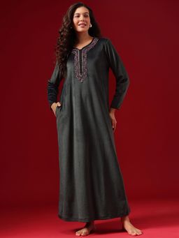 Clovia - Chic Long Nighty In Dark Grey - Velour