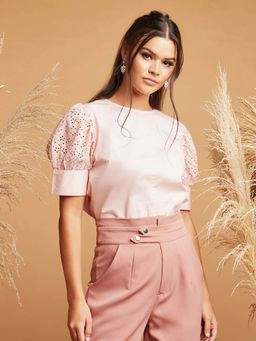 Styli - Pink Schiffli Puff Sleeves Round Neck Top
