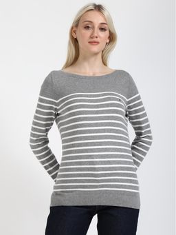 Tommy Hilfiger - Women Grey Stripes Printed Sweater