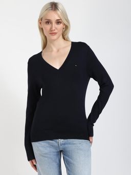 Tommy Hilfiger - Women Navy Blue Solid V-Neck Sweater