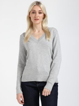 Tommy Hilfiger - Women Grey Solid V-Neck Sweater