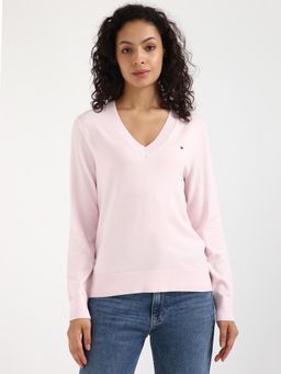 Tommy Hilfiger - Women Light Pink Solid V-Neck Sweater