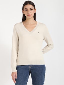 Tommy Hilfiger - Women Off White Solid V-Neck Sweater