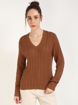 Tommy Hilfiger - Women Brown Solid V-Neck Sweater