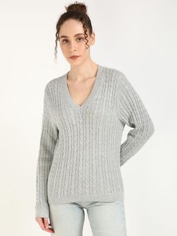 Tommy Hilfiger - Women Grey Solid V-Neck Sweater