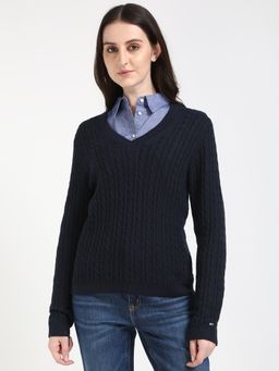 Tommy Hilfiger - Women Navy Blue Solid V-Neck Sweater