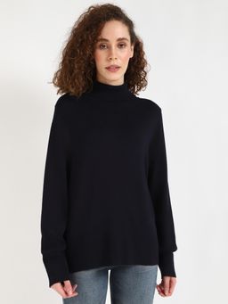 Tommy Hilfiger - Women Navy Blue Solid High Neck Sweater