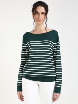 Tommy Hilfiger - Women Green Stripes Boat Neck Sweater