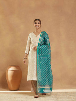 Fabindia - Blue Cotton Silk Blend Hand Block Printed Dupatta