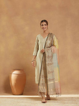 Fabindia - Beige Cotton Silk Blend Hand Block Printed Dupatta