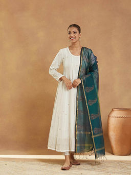 Fabindia - Teal Cotton Silk Blend Hand Block Printed Dupatta