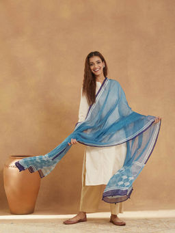 Fabindia - Blue Cotton Silk Dabu Printed Dupatta