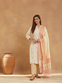 Fabindia - Beige Cotton Silk Blend Printed Dupatta