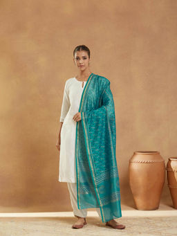 Fabindia - Teal Cotton Silk Blend Hand Block Printed Dupatta